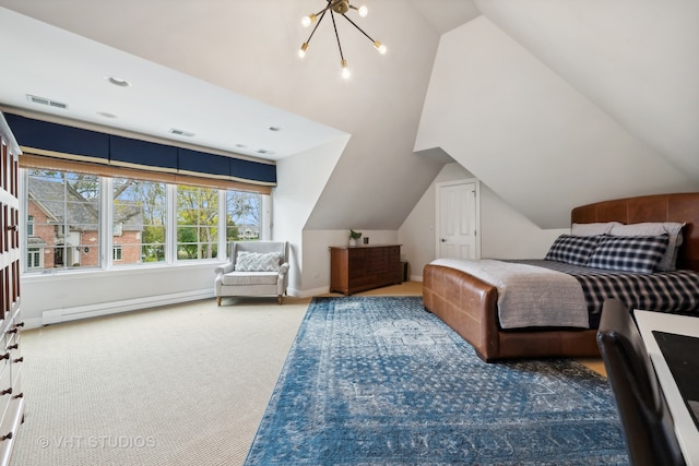 bedroom with carpet flooring, an inviting chandelier, lofted ceiling, and a baseboard radiator