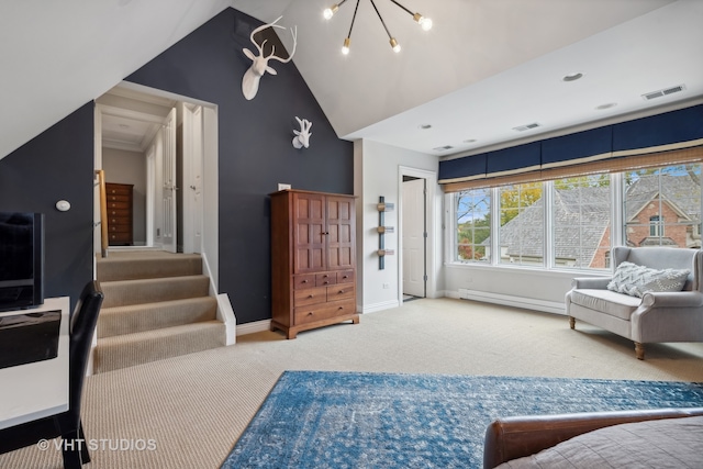 carpeted living room featuring a chandelier, lofted ceiling, and a baseboard heating unit