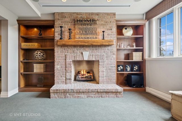 unfurnished living room featuring carpet flooring, baseboard heating, and a brick fireplace