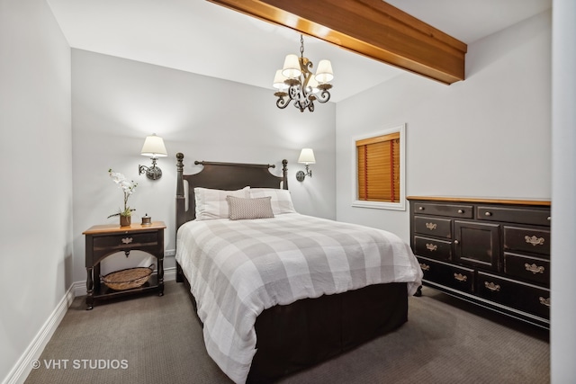 bedroom with dark colored carpet, a chandelier, and beamed ceiling