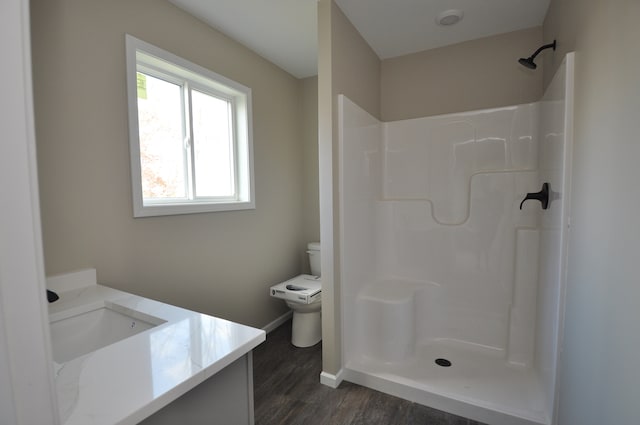 bathroom with vanity, toilet, a shower, and wood-type flooring