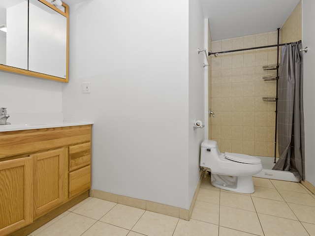 bathroom with walk in shower, vanity, toilet, and tile patterned floors