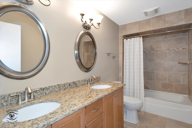 full bathroom with toilet, a sink, visible vents, and shower / bathtub combination with curtain