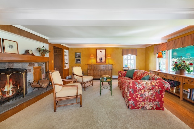 living room featuring ornamental molding, light hardwood / wood-style flooring, and a stone fireplace