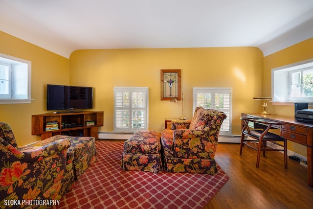 living room with a baseboard radiator, vaulted ceiling, plenty of natural light, and dark wood-type flooring