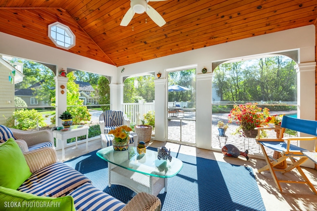 sunroom / solarium with ceiling fan, wood ceiling, and vaulted ceiling