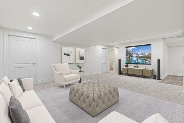 living room with light colored carpet