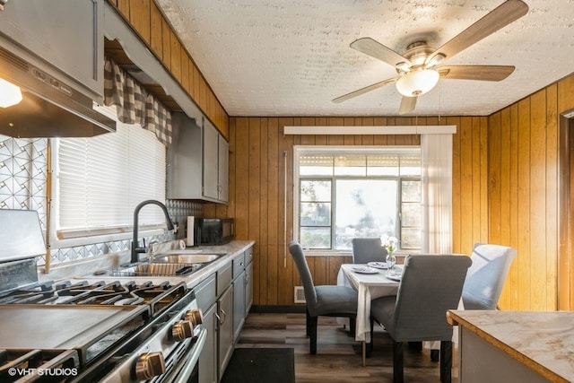 kitchen with wood walls, sink, high end range, and dark hardwood / wood-style flooring