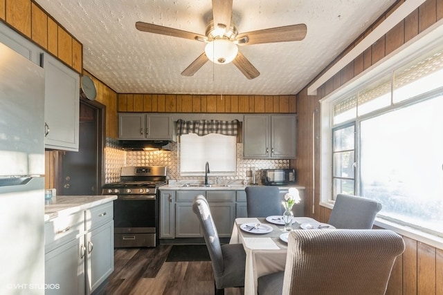 kitchen featuring ceiling fan, sink, tasteful backsplash, dark wood-type flooring, and appliances with stainless steel finishes