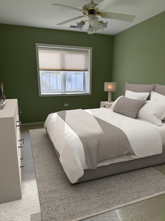 bedroom featuring a ceiling fan, visible vents, carpet, and baseboards