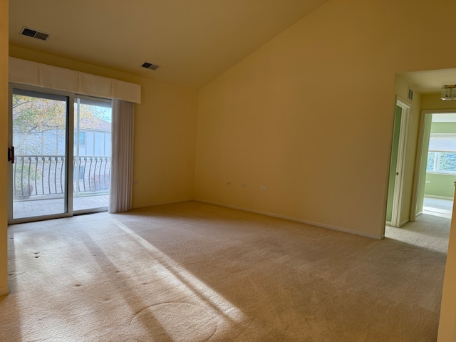 spare room featuring vaulted ceiling, a wealth of natural light, and light carpet