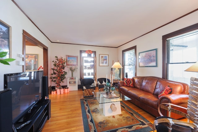 living room with light wood-type flooring and ornamental molding