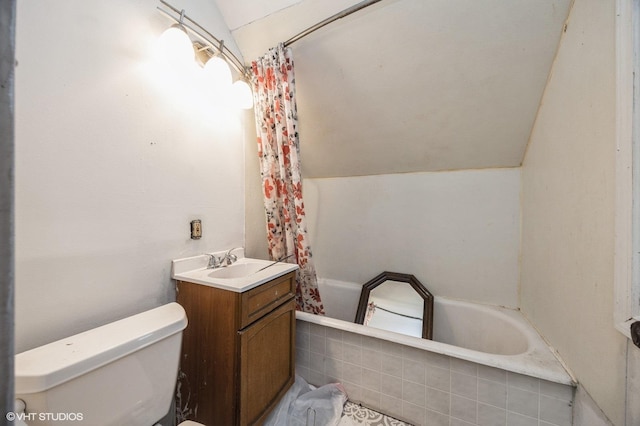 3545 Oak Ave, Brookfield, IL 60513 - bathroom featuring toilet, a shower with shower curtain, a bath, vanity, and vaulted ceiling