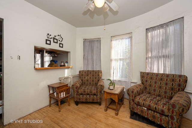 living area featuring ceiling fan and wood-type flooring