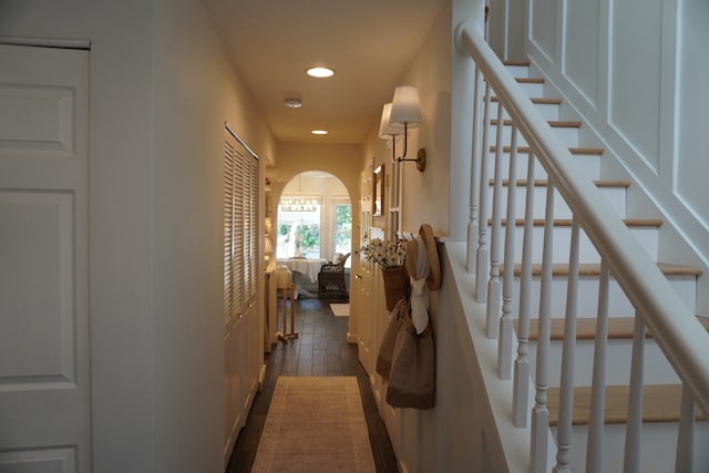 hallway with dark hardwood / wood-style floors