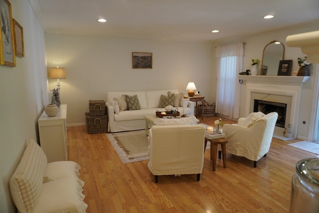 living room featuring light wood-type flooring and crown molding