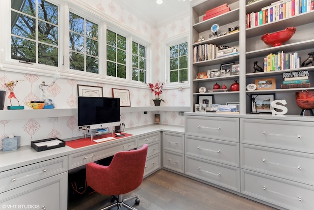 office featuring light hardwood / wood-style floors and built in desk