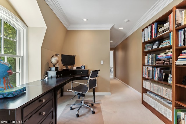 office space with light carpet and crown molding