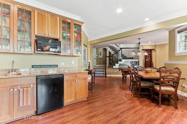 kitchen featuring light stone counters, crown molding, dark wood-type flooring, and sink