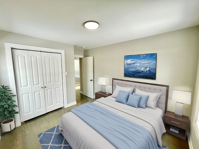 bedroom with a closet and dark wood-type flooring