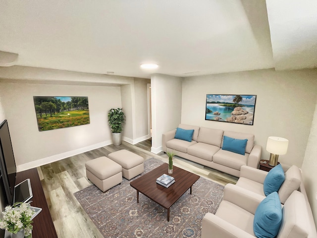 living room featuring dark wood-type flooring