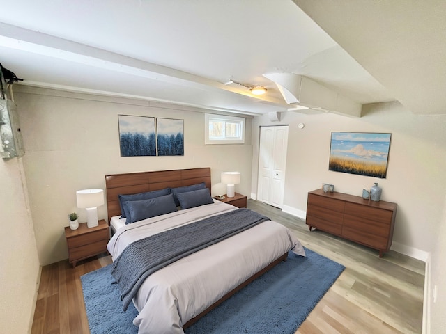 bedroom with ceiling fan, wood-type flooring, and a closet