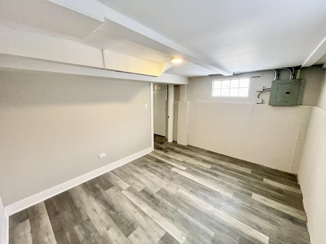 basement with hardwood / wood-style flooring and electric panel