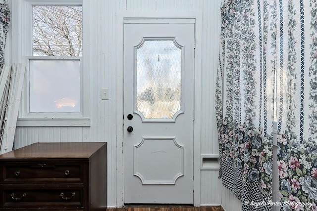 doorway with plenty of natural light and wood walls