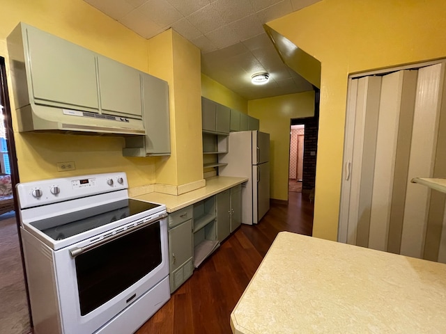 kitchen with white appliances and dark wood-type flooring