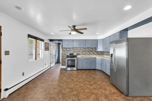 kitchen with ceiling fan, stainless steel appliances, sink, a baseboard heating unit, and backsplash