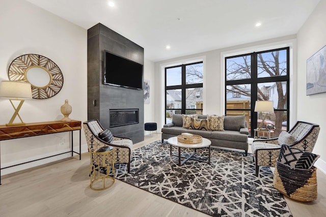 living room with a fireplace and light wood-type flooring