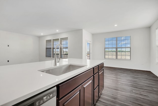 kitchen featuring dark hardwood / wood-style flooring, dishwasher, dark brown cabinetry, and sink