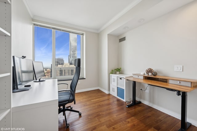 home office featuring ornamental molding and dark wood-type flooring