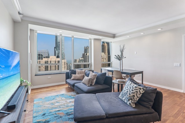 living room featuring crown molding, light hardwood / wood-style flooring, and plenty of natural light