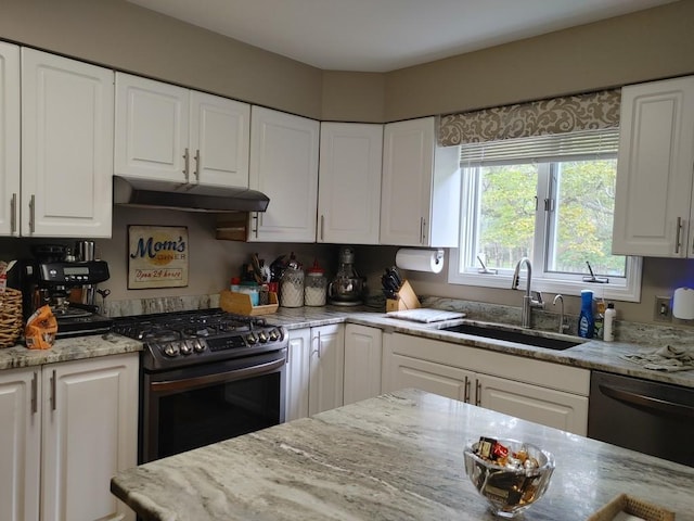 kitchen with white cabinets, range with gas cooktop, stainless steel dishwasher, and sink