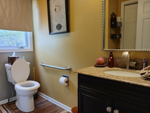 bathroom featuring vanity, hardwood / wood-style flooring, and toilet