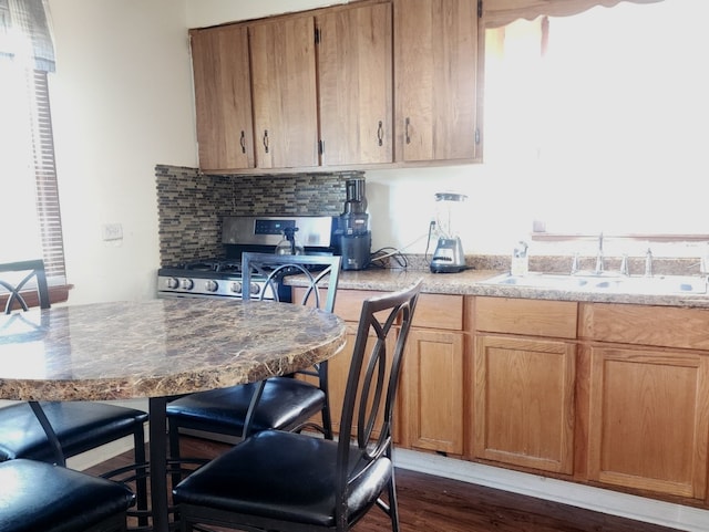 kitchen featuring tasteful backsplash, dark wood-type flooring, sink, a kitchen breakfast bar, and gas range