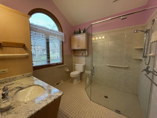 bathroom with vanity, a shower with door, tile patterned floors, vaulted ceiling, and toilet