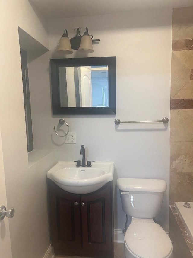 full bathroom with plus walk in shower, vanity, and toilet