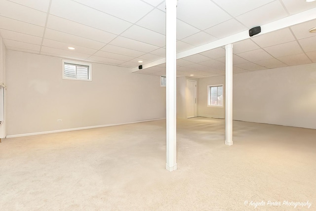 basement featuring a paneled ceiling, a wealth of natural light, and light colored carpet