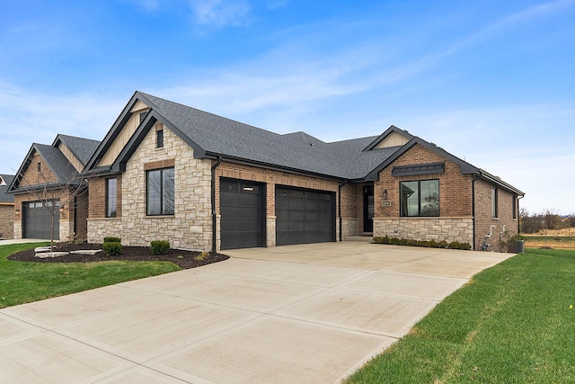 11060 Lizmore Ln Unit 27B, Orland Park, IL 60467 - view of front of home featuring stone siding, an attached garage, a shingled roof, concrete driveway, and a front lawn