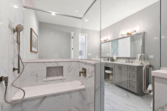 11060 Lizmore Ln Unit 27B, Orland Park, IL 60467 - full bathroom featuring marble tiled floors, vanity, and a marble finish shower