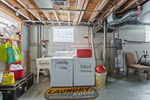 basement with water heater, electric panel, and washer and clothes dryer