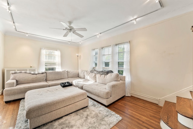 living room with wood-type flooring, track lighting, and ceiling fan