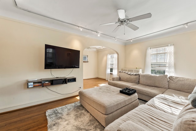 living room with ceiling fan, hardwood / wood-style flooring, ornamental molding, and rail lighting