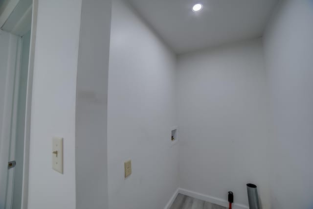 530 E Ash St, Watseka, IL 60970 - washroom featuring laundry area, hookup for a washing machine, light wood-type flooring, recessed lighting, and baseboards