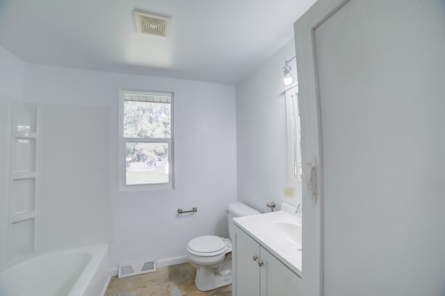 full bathroom featuring bathtub / shower combination, vanity, and toilet