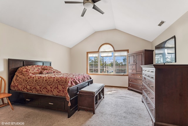 bedroom with multiple windows, light colored carpet, and ceiling fan