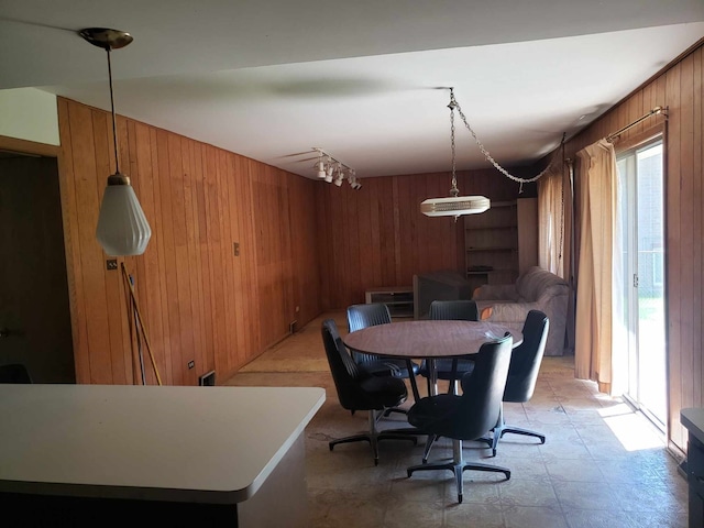 dining area with wooden walls