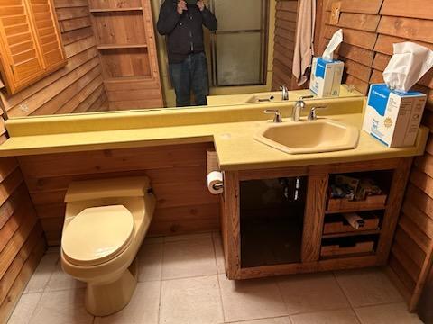 bathroom with sink, wood walls, toilet, and tile patterned floors